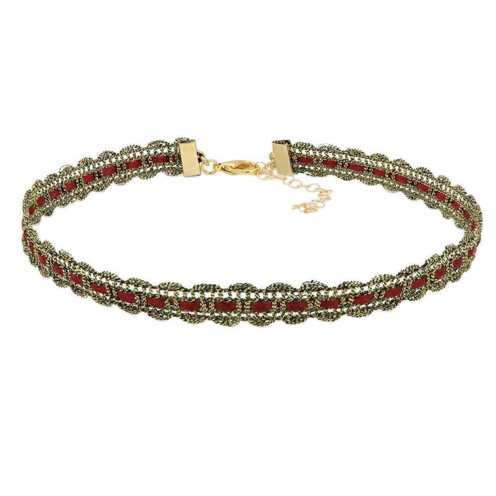 Gold Tone Lace Choker - Adjustable Choker 12.5' - 15' inch Red and Gold choker